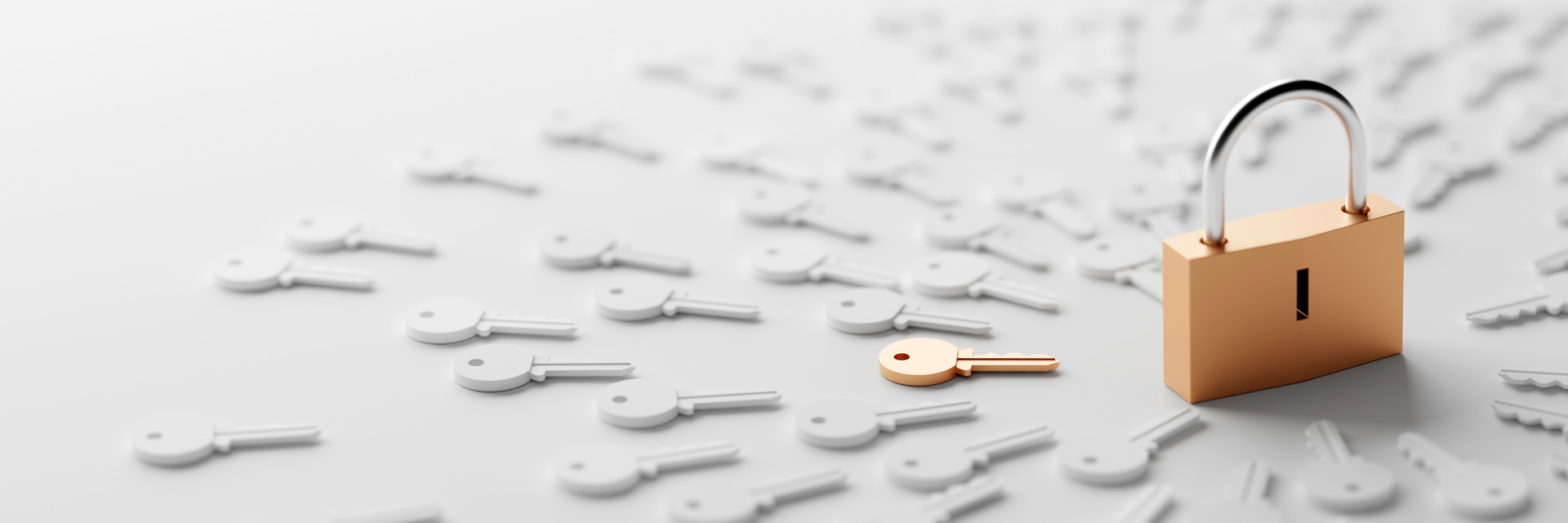 Ein Vorhängeschloss liegt in der Mitte, umgeben von vielen Schlüsseln, die mit dem Bart zum Schloss ausgerichtet sind.